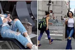 9 Gaya Yuni Shara menggunakan jeans sobek-sobek, bak ABG