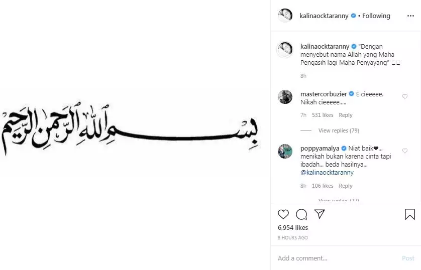 Diisukan menikah © 2020 Instagram/@kalinaocktaranny