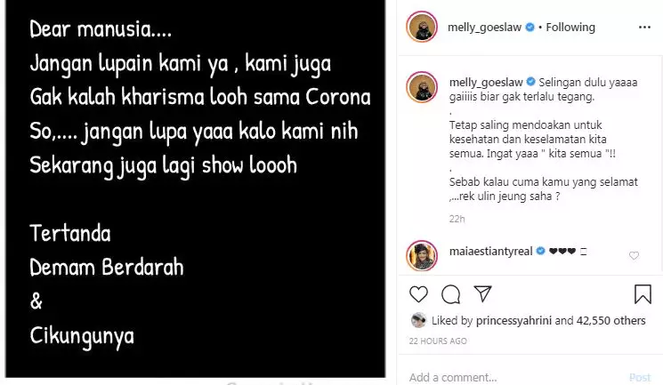 Melly Goeslow tuai respon © 2020 Instagram/@melly_goeslaw