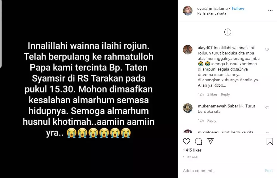 Ibunya meninggal karena Corona Instagram