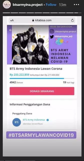 Fans BTS galang dana hingga 235 juta Rupiah untuk cegah COVID-19 di Indonesia Instagram