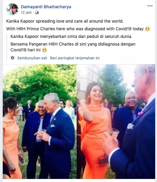 Foto Pangeran Charles dan Kanika Kapoor hoaks Facebook