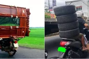 21 Potret pengendara boncengin barang ini bikin geleng kepala