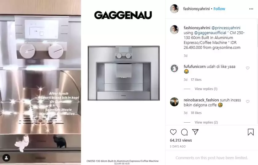 Harga mesin kopi Syahrini Instagram