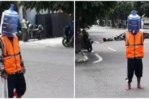 Kisah pengatur lalu lintas pakai galon untuk pengganti masker