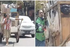 Momen haru driver ojek online bantu dorong gerobak pemulung