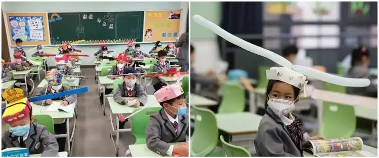Sekolah kembali buka, murid di China pakai topi physical distancing