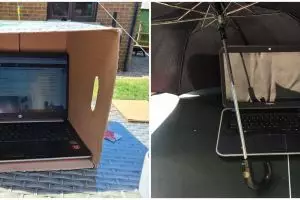 10 Aksi lindungi laptop dari sinar matahari ini kocak abis