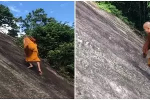 Viral video biksu naik-turun tebing tanpa alat pengaman, bikin heran