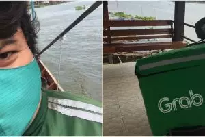 Driver ojek ini antar pesanan hingga ke tengah sungai pakai perahu