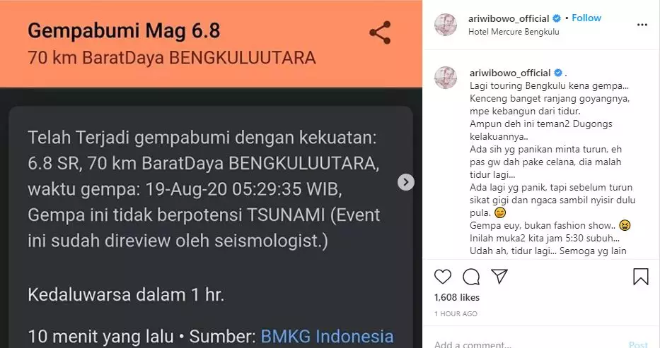 ari wibowo curhat gempa Instagram