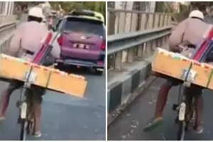Viral penjual tisu kayuh sepeda dengan satu kaki, bikin haru