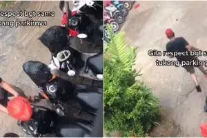 Tukang parkir ini rela basah kuyup demi amankan helm pengunjung, salut