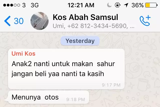 Chat pemberitahuan ibu kos Twitter