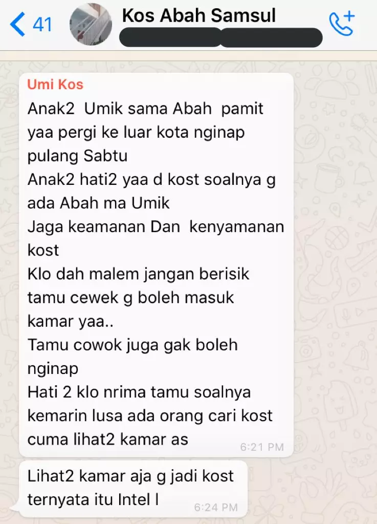 Chat pemberitahuan ibu kos Twitter