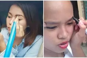 10 Kelakuan nyeleneh melukis alis dengan alat seadanya, kocak banget
