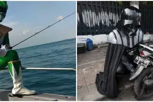 16 Aksi lucu cosplayer di tempat umum, dari mancing sampai jadi kuli