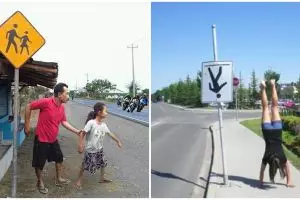 15 Potret orang tirukan pose rambu lalu lintas, bikin tepuk jidat