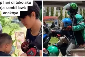 Kisah haru driver ojek online mirip seleb Korea asuh anak sambil kerja