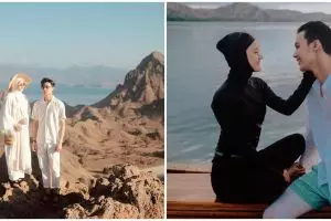 7 Gaya pemotretan Dinda Hauw dan Rey Mbayang, berlatar pantai