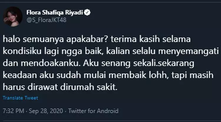 Kondisi terkini Flora Shafiq © 2020 brilio.net
