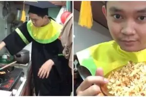 Viral aksi mahasiswa masak nasi goreng saat prosesi wisuda online
