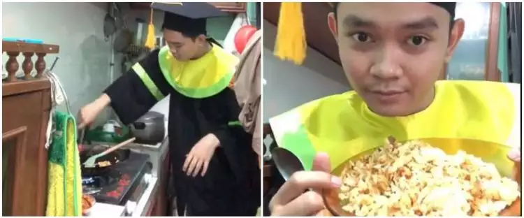 Viral aksi mahasiswa masak nasi goreng saat prosesi wisuda online