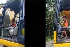 Aksi bocah 5 tahun operasikan ekskavator, angkat puing-puing jembatan