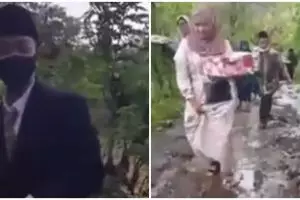 Viral iring-iringan pernikahan lewati jalan terjal, bikin salut