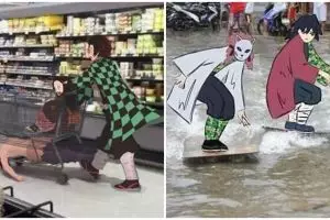 14 Editan foto ini gunakan karakter anime Demon Slayer, kocak