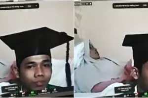 Temani ibunya yang sakit, momen pria wisuda online ini bikin haru