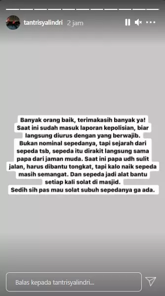 Cerita Tantri sepeda sang ayah hilang © Instagram