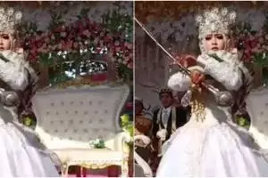 Antimainstream, pengantin ini atraksi jadi mayoret saat pernikahannya