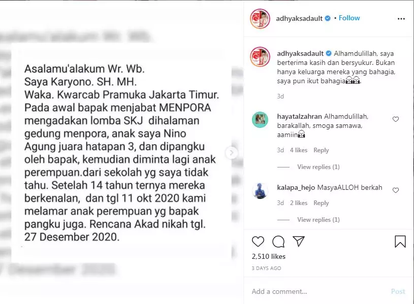 Kisah pasangan berjodoh setelah dipangku Adhyaksa Dault  ©Instagram