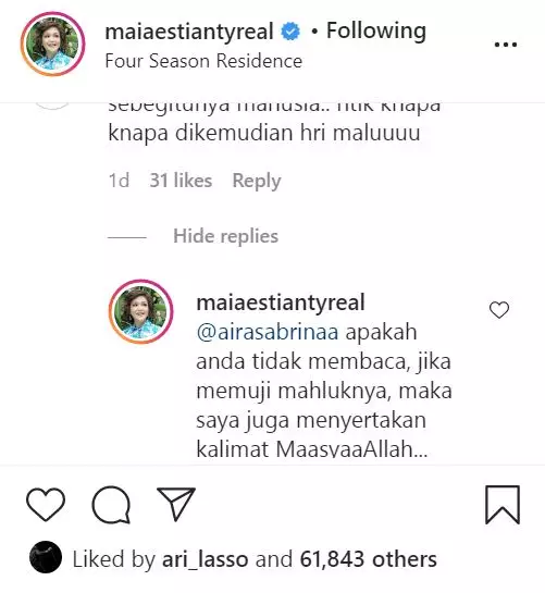 jawaban menohok maia puji suami © Instagram