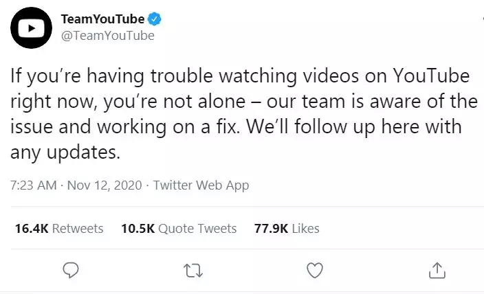 YouTube down 12 november © Twitter