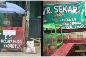 15 Potret spanduk pedagang minuman ini lucunya bikin mikir keras