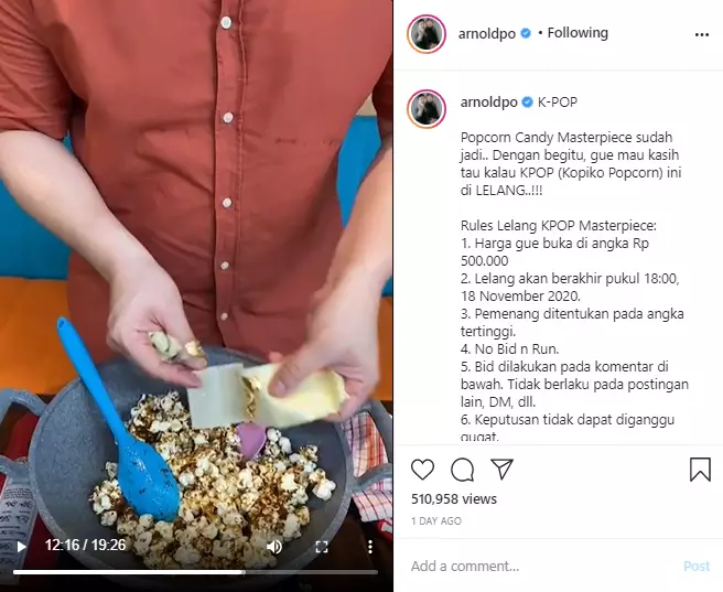 Chef Arnold lelang popcorn buatannya Instagram