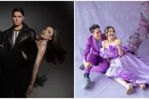 8 Gaya pemotretan Angela Gilsha & Mischa Chandrawinata, serba ungu