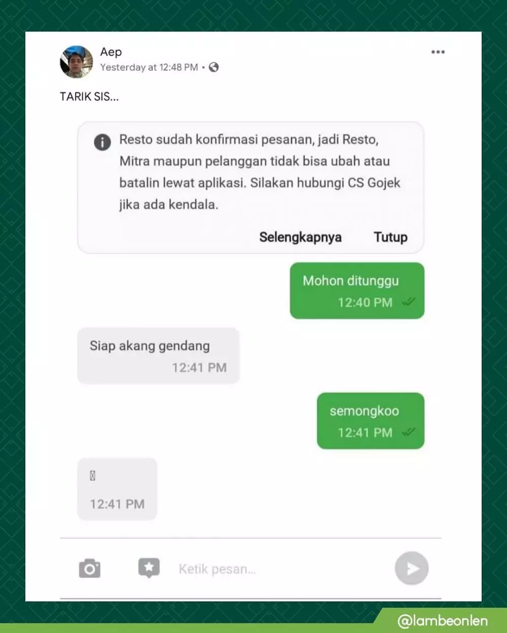 Chat order makanan di ojol © berbagai sumber