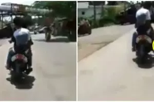 Momen apes orang saat asyik motoran, knalpotnya auto melayang