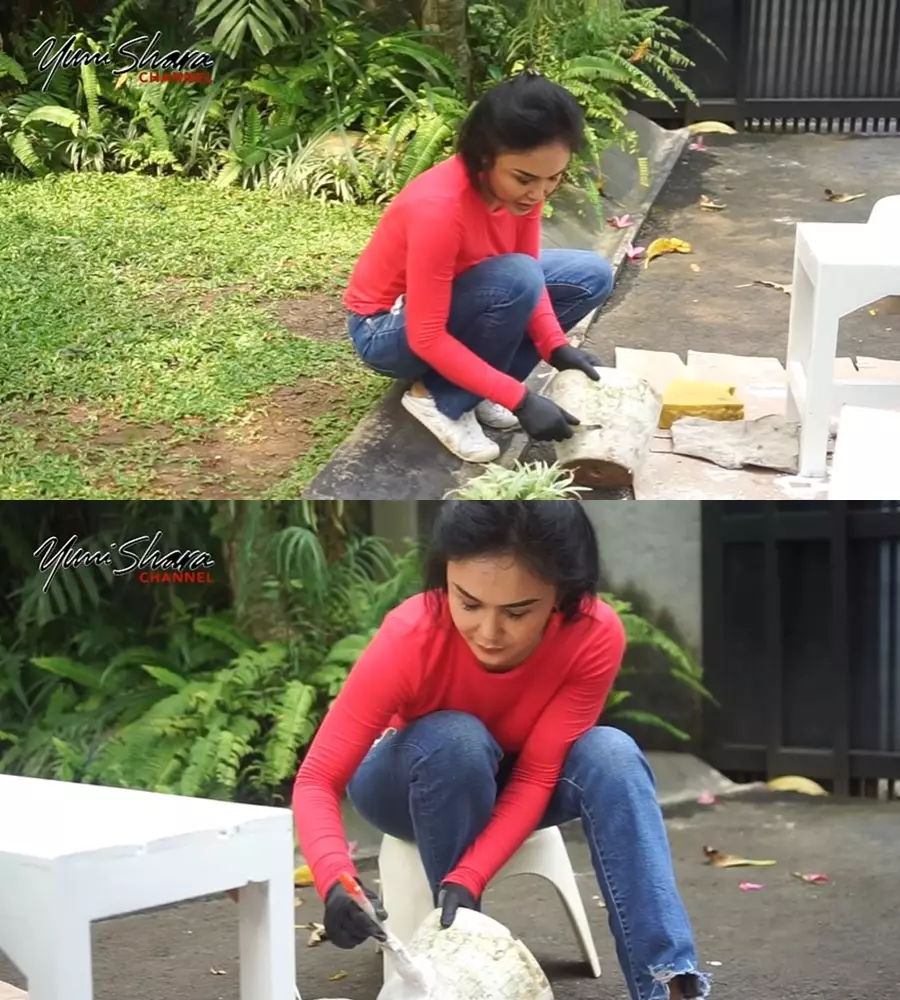 Potret Yuni Shara lakukan pekerjaan rumah © YouTube