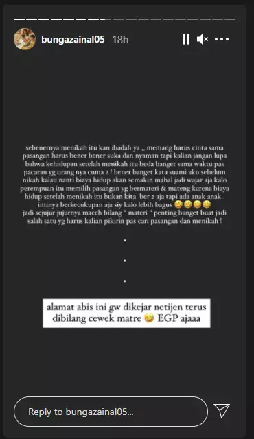 Respon Bunga Zainal disebut menikah karena harta Instagram