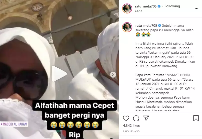 Ditinggal meninggal ayah dan ibu Ratu Meta sedih Instagram