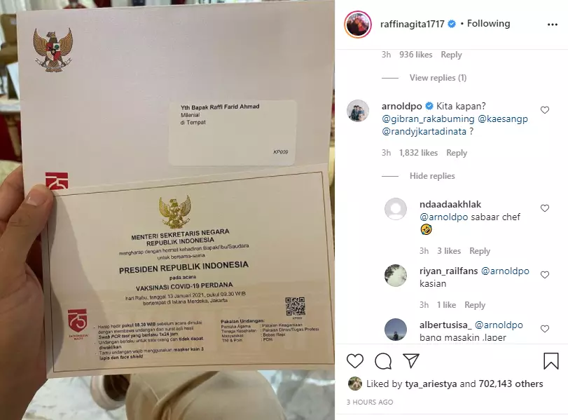 Chef Arnold komentari undangan vaksin Raffi Ahmad Instagram Chef Arnold komentari undangan vaksin Raffi Ahmad Instagram