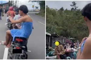 Viral aksi cowok keliling kota naik motor hanya pakai handuk, kocak