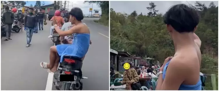 Viral aksi cowok keliling kota naik motor hanya pakai handuk, kocak
