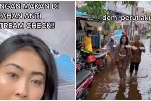 Aksi cewek terjang banjir demi ambil makanan di acara pernikahan