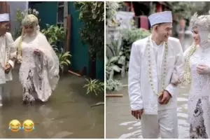 Viral kisah pasangan tetap gelar pernikahan di tengah banjir