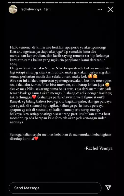 Curhat pilu Rachel Vennya usai bercerai Instagram